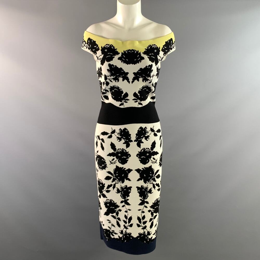 ALEXANDER MCQUEEN Size M White Black Viscose Blend Floral Off-Shoulder Dress